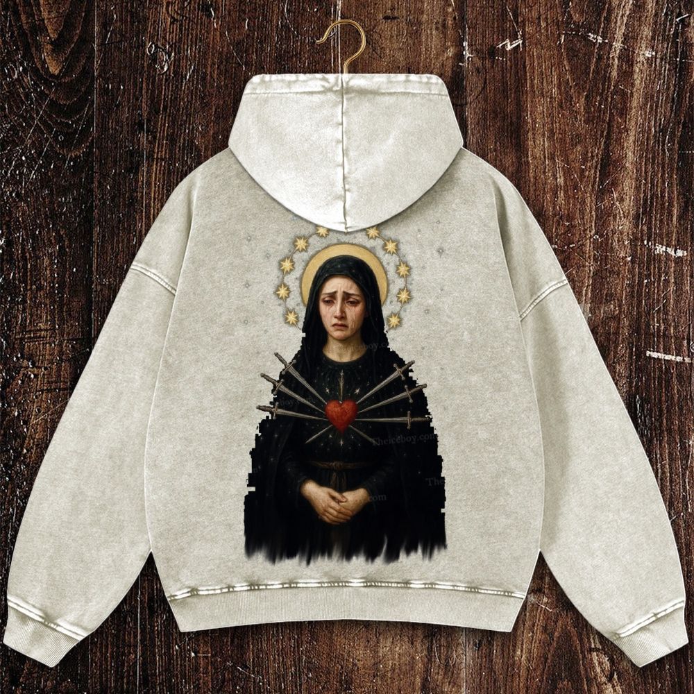 Sorrowful Virgin Mary Christian Washed Hoodie