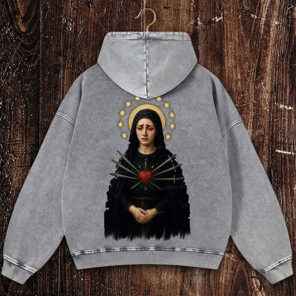 Sorrowful Virgin Mary Christian Washed Hoodie