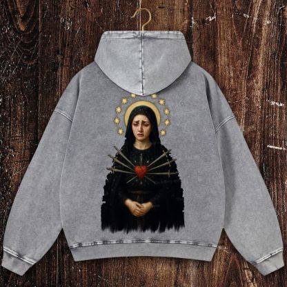 Sorrowful Virgin Mary Christian Washed Hoodie