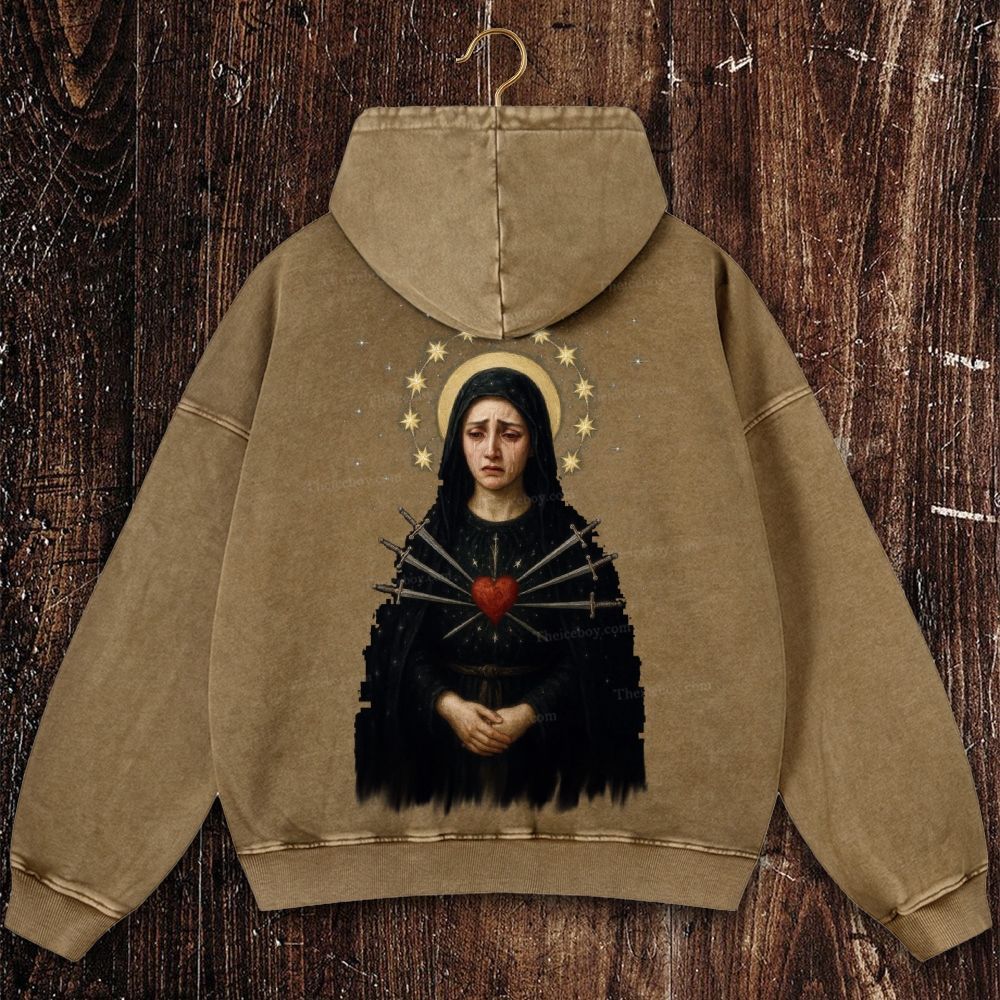 Sorrowful Virgin Mary Christian Washed Hoodie