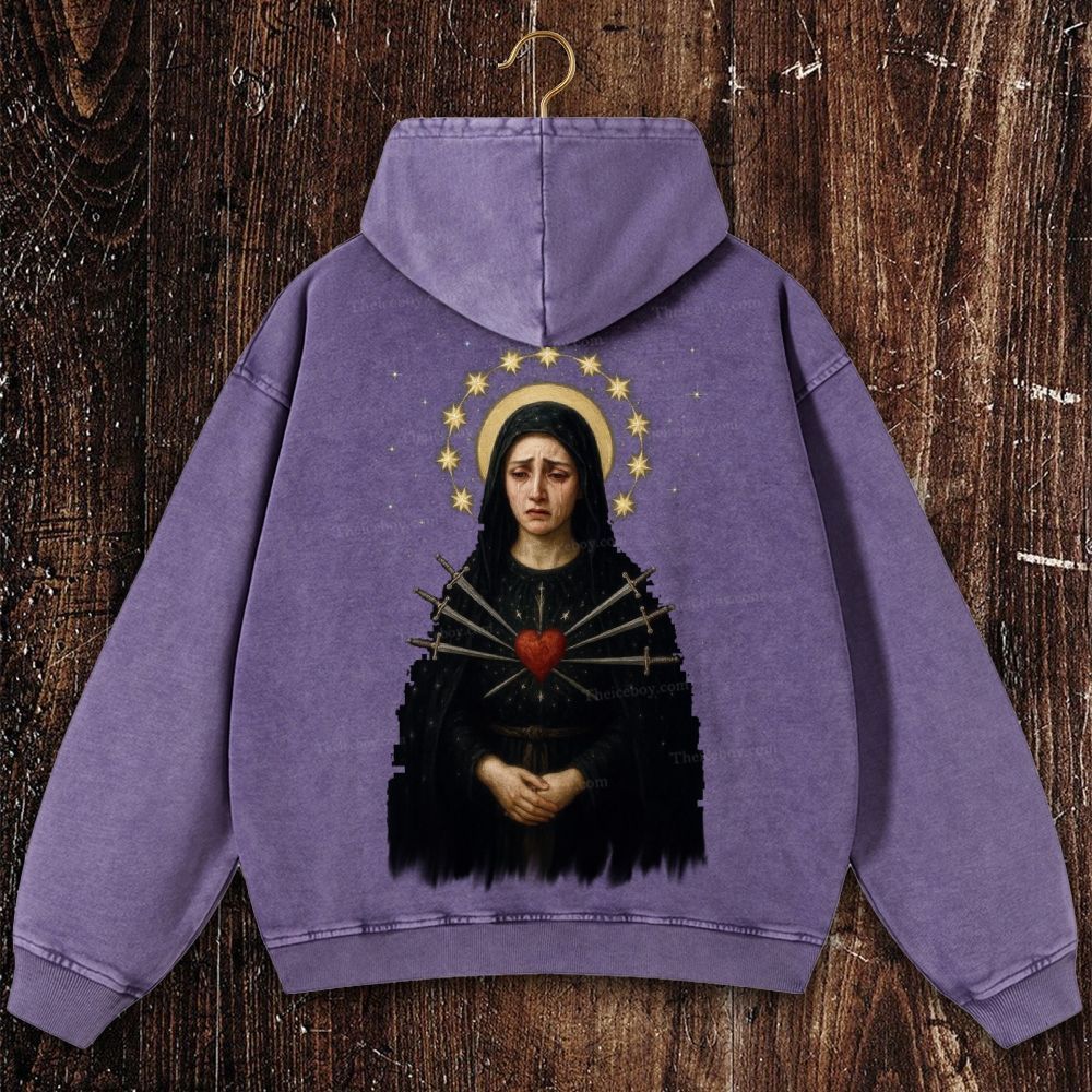 Sorrowful Virgin Mary Christian Washed Hoodie