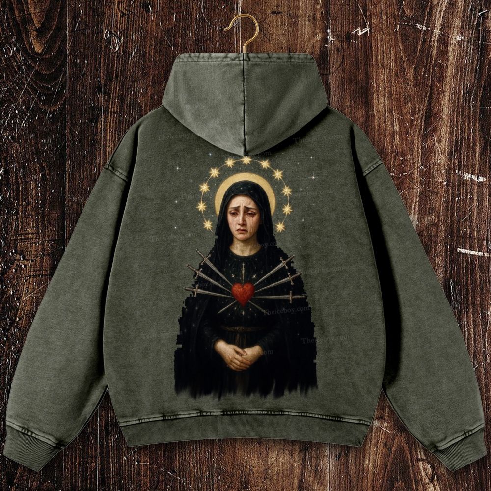 Sorrowful Virgin Mary Christian Washed Hoodie