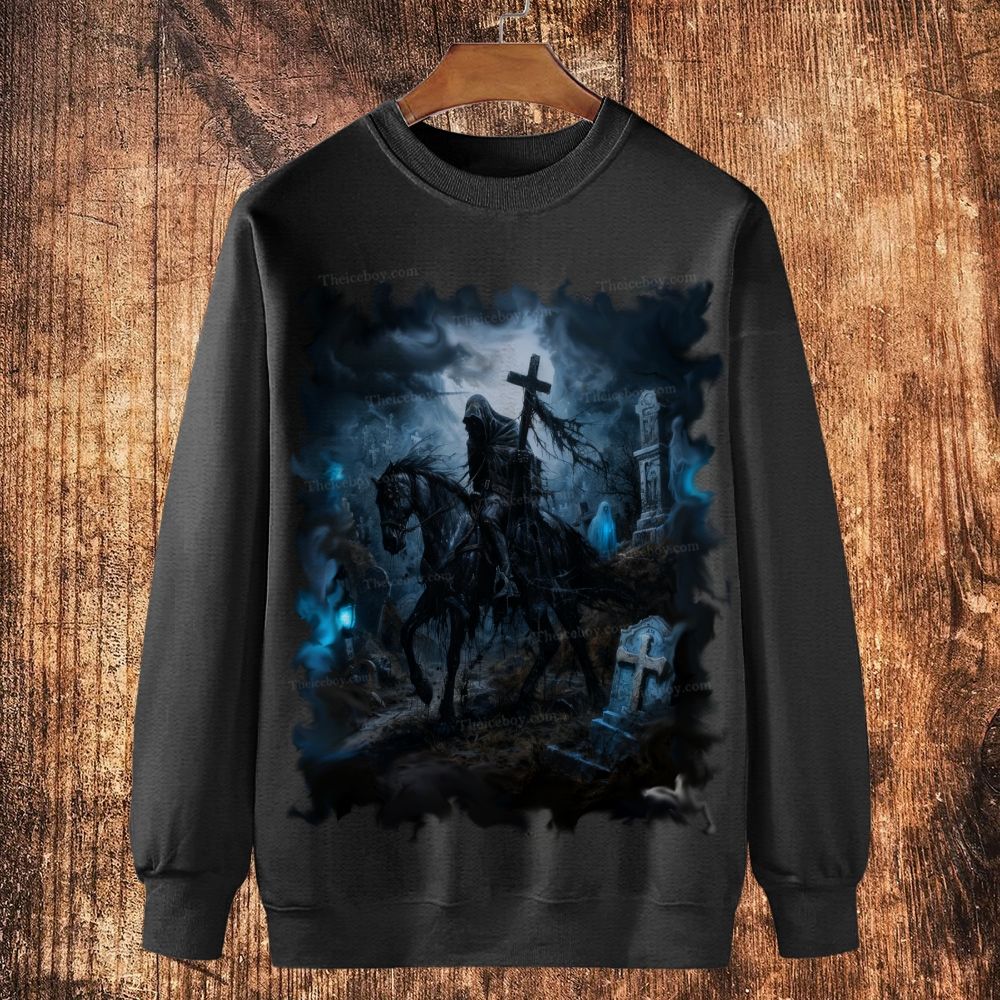 The Obsidian Knight of the Ghostly Cemetery Cotton Crewneck Sweatshirt