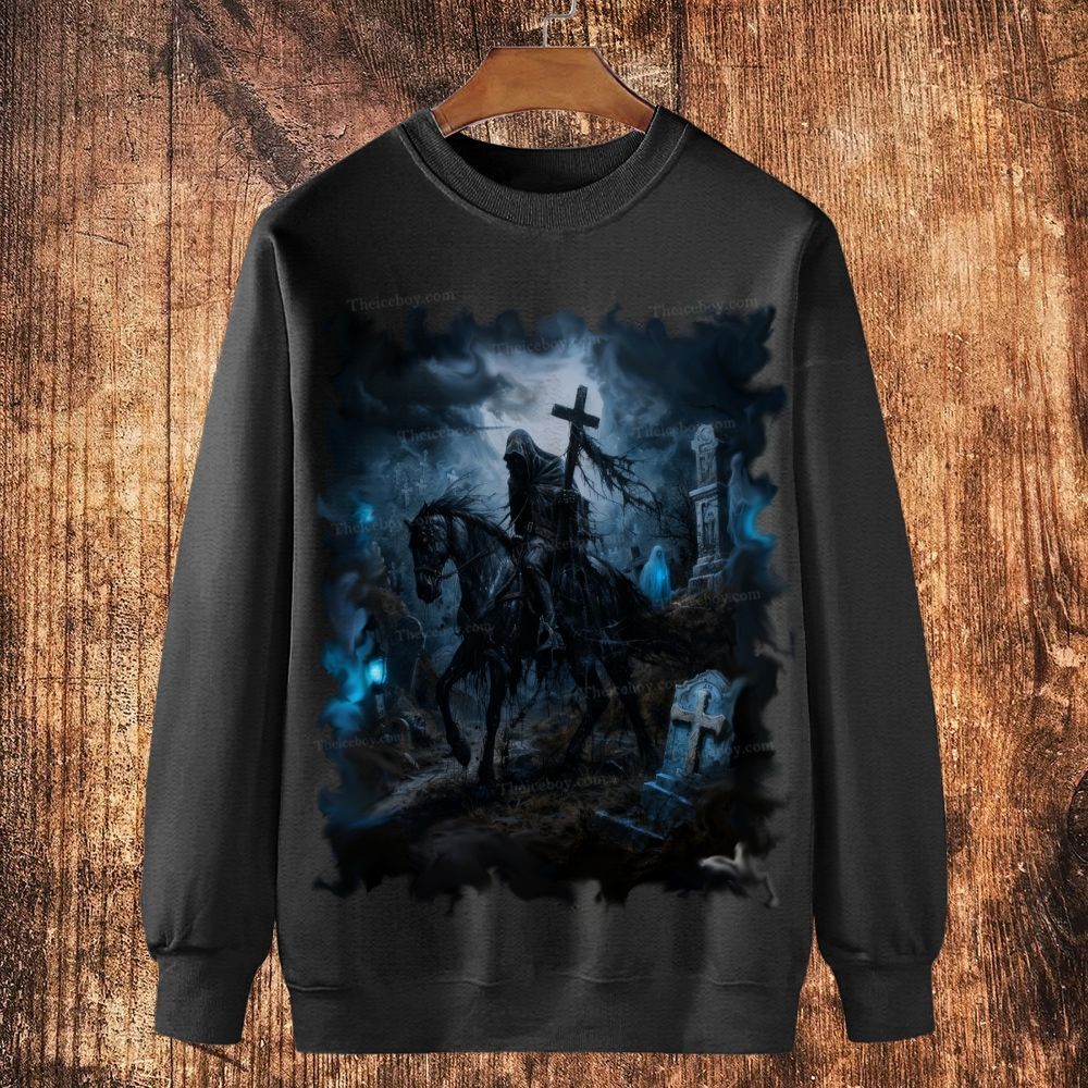 The Obsidian Knight of the Ghostly Cemetery Cotton Crewneck Sweatshirt