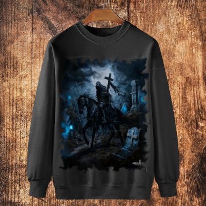 The Obsidian Knight of the Ghostly Cemetery Cotton Crewneck Sweatshirt