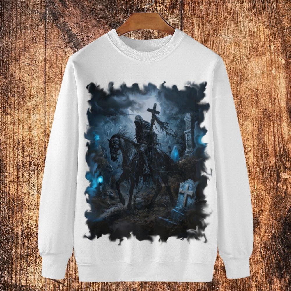 The Obsidian Knight of the Ghostly Cemetery Cotton Crewneck Sweatshirt