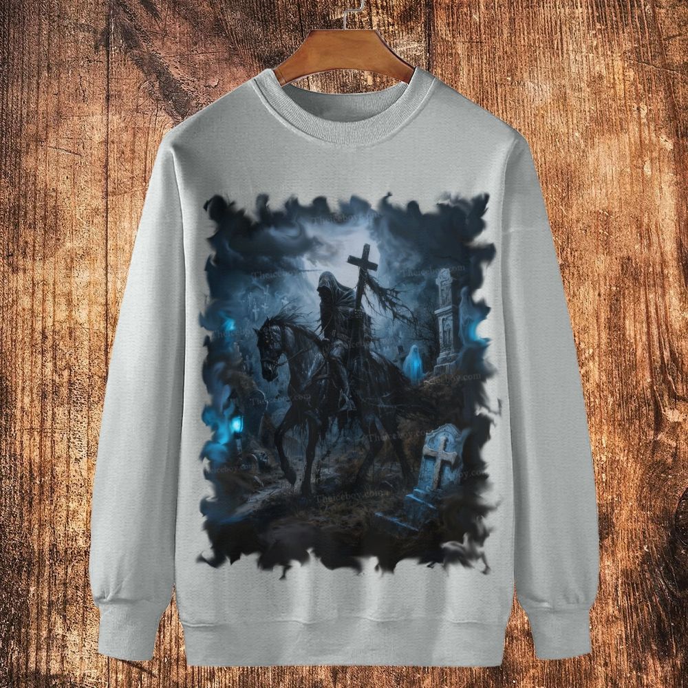 The Obsidian Knight of the Ghostly Cemetery Cotton Crewneck Sweatshirt
