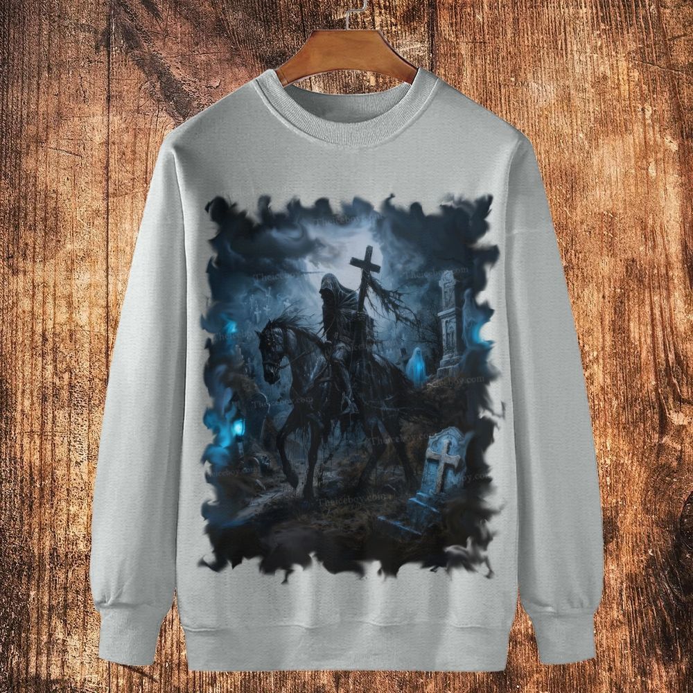 The Obsidian Knight of the Ghostly Cemetery Cotton Crewneck Sweatshirt