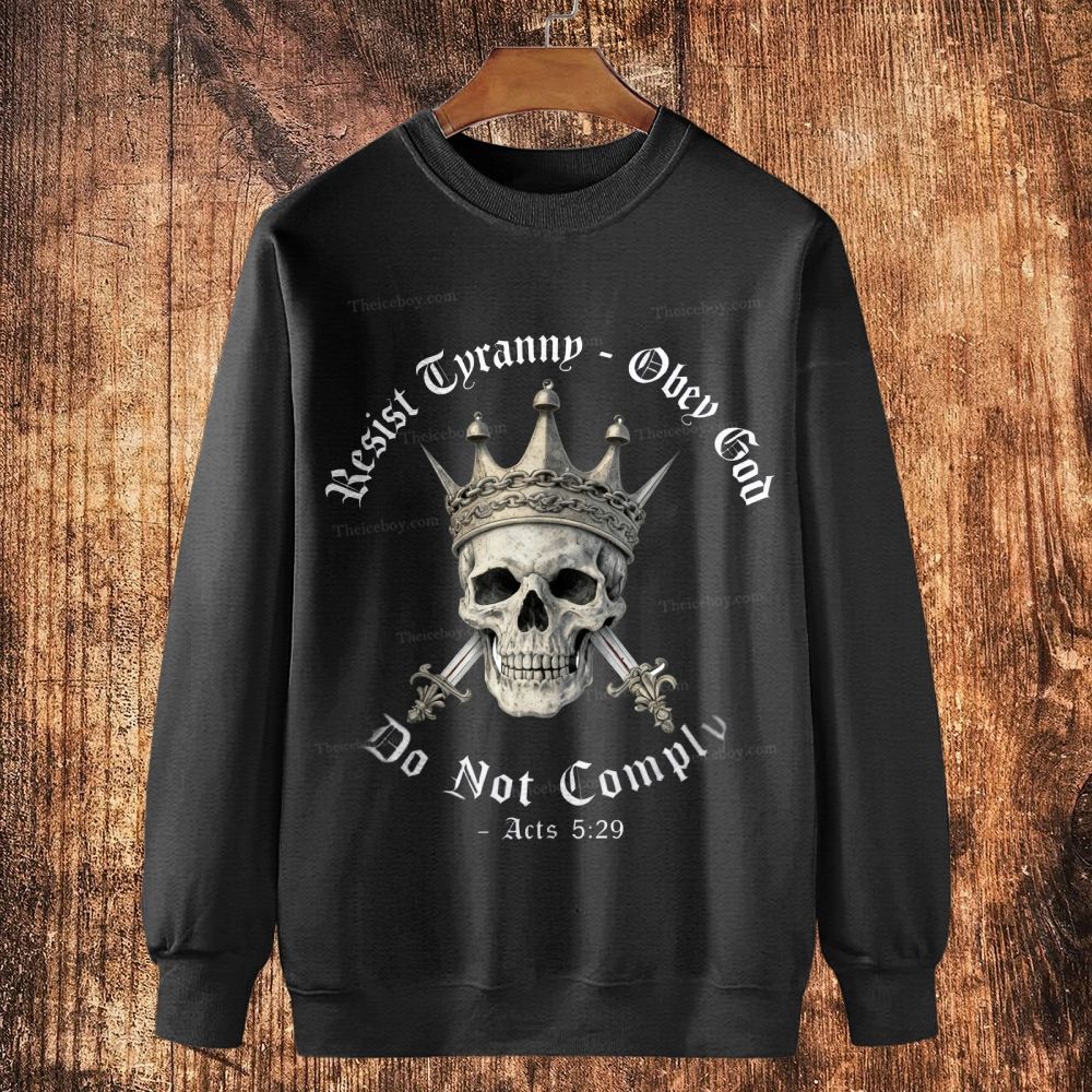 Swords of Divine Defiance: Tyranny-Resist Skull Crown Cotton Crewneck Sweatshirt