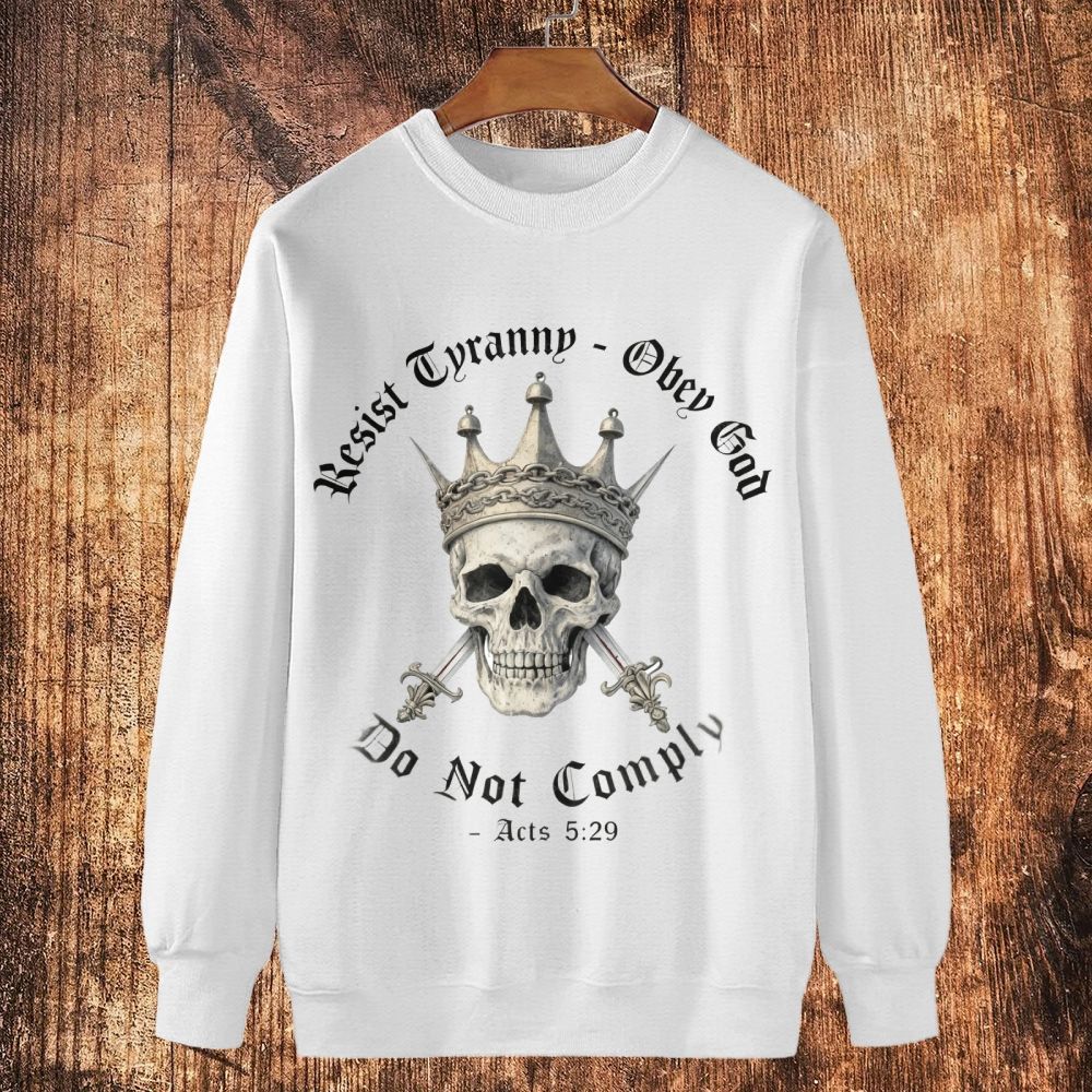 Swords of Divine Defiance: Tyranny-Resist Skull Crown Cotton Crewneck Sweatshirt
