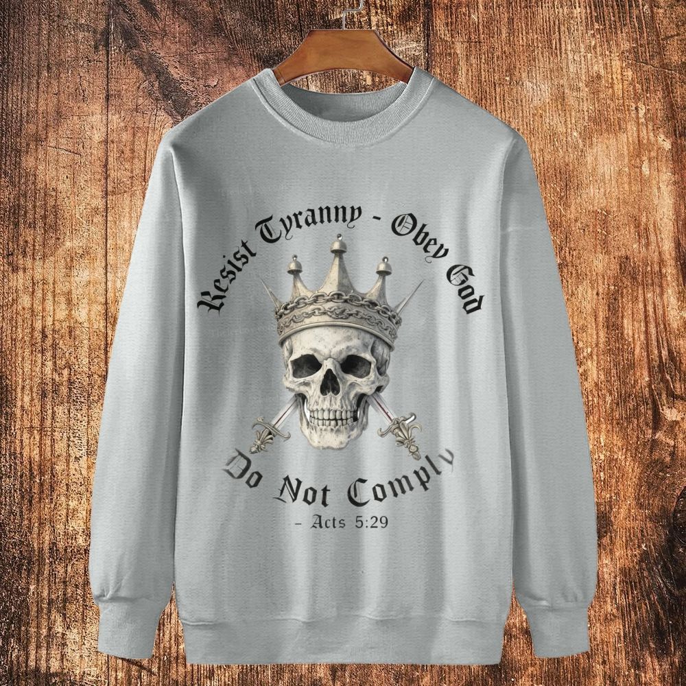 Swords of Divine Defiance: Tyranny-Resist Skull Crown Cotton Crewneck Sweatshirt