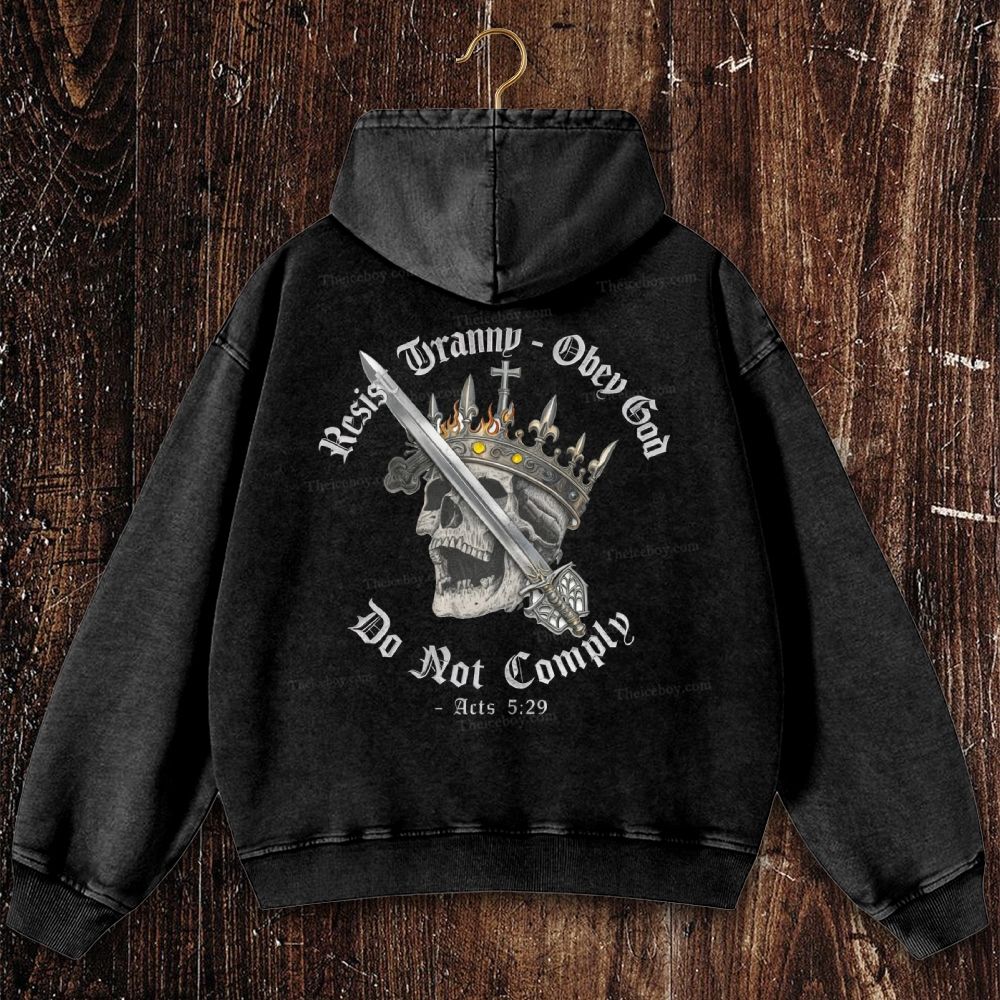 Obey God, Defy Tyrants: Crowned Skull & Holy Swords Christian Washed Hoodie