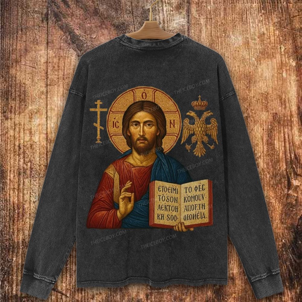 Jesus Christ Pantokrator Icon Christian Washed Sweatshirt
