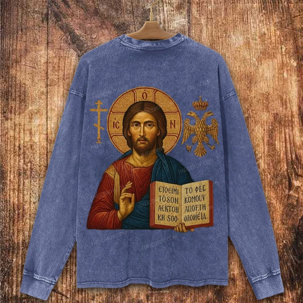 Jesus Christ Pantokrator Icon Christian Washed Sweatshirt