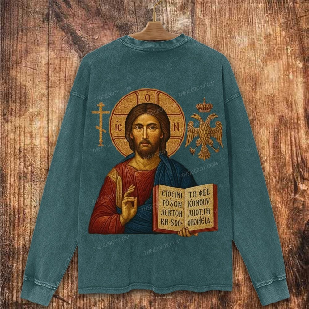 Jesus Christ Pantokrator Icon Christian Washed Sweatshirt