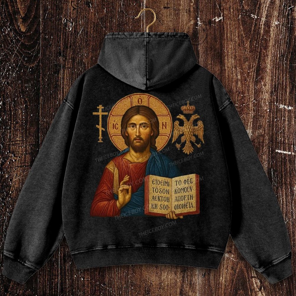 Jesus Christ Pantokrator Icon Christian Washed Hoodie