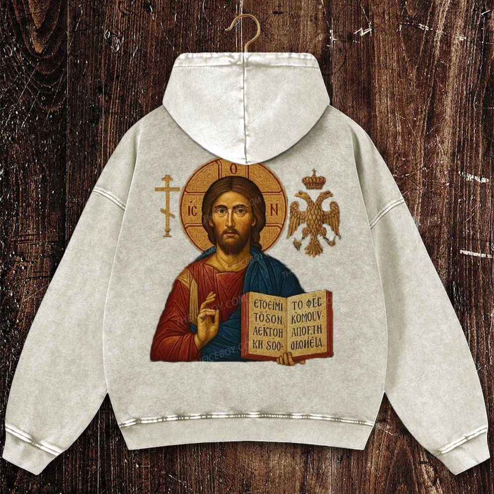 Jesus Christ Pantokrator Icon Christian Washed Hoodie
