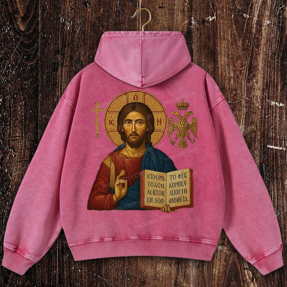 Jesus Christ Pantokrator Icon Christian Washed Hoodie
