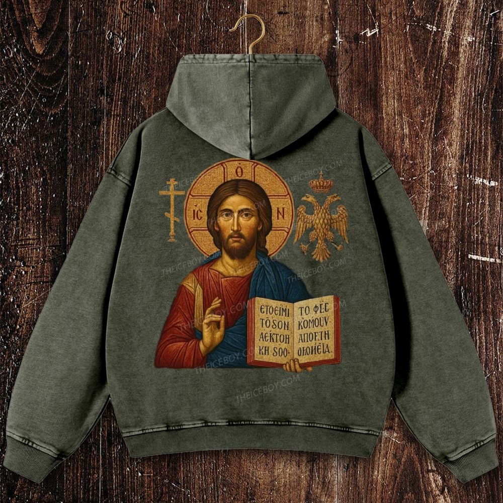 Jesus Christ Pantokrator Icon Christian Washed Hoodie
