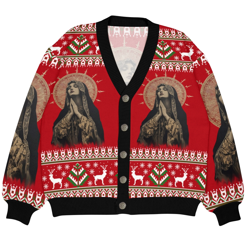 Stained Glass Madonna Ugly Cardigan Sweater