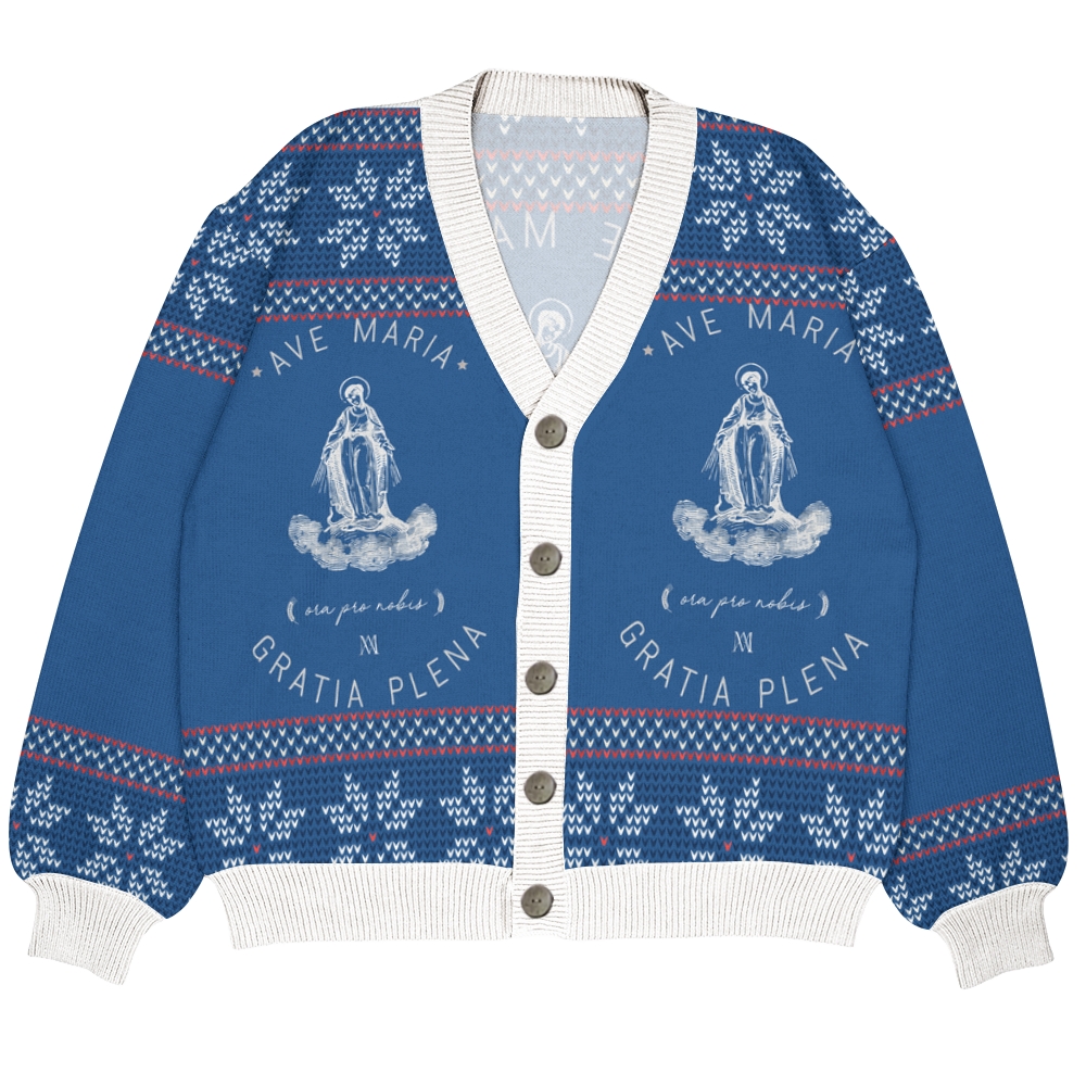 Ave Maria Catholic Art Print Ugly Cardigan Sweater