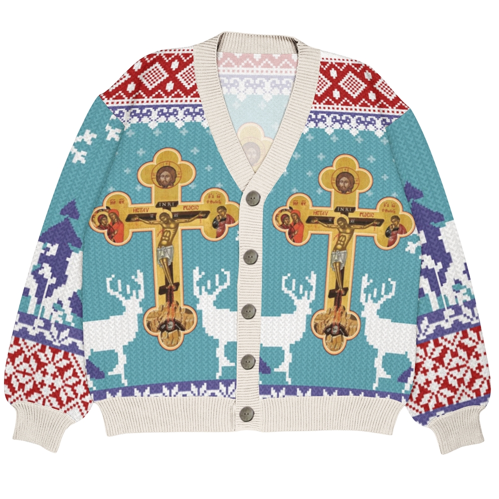 Orthodox Cross Icon Christmas Ugly Cardigan Sweater