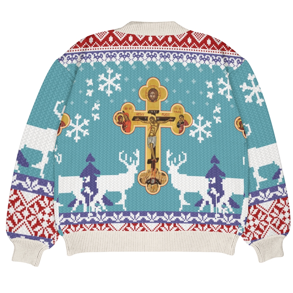 Orthodox Cross Icon Christmas Ugly Cardigan Sweater