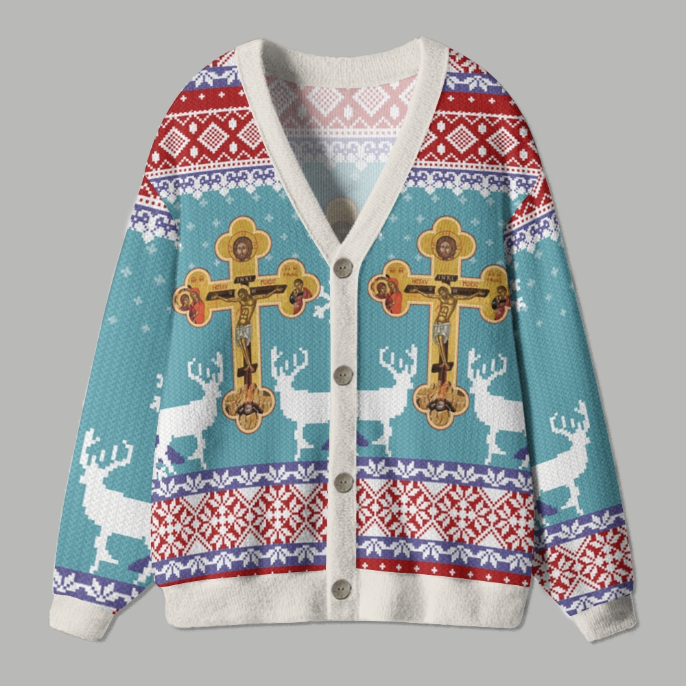 Orthodox Cross Icon Ugly Cardigan Sweater