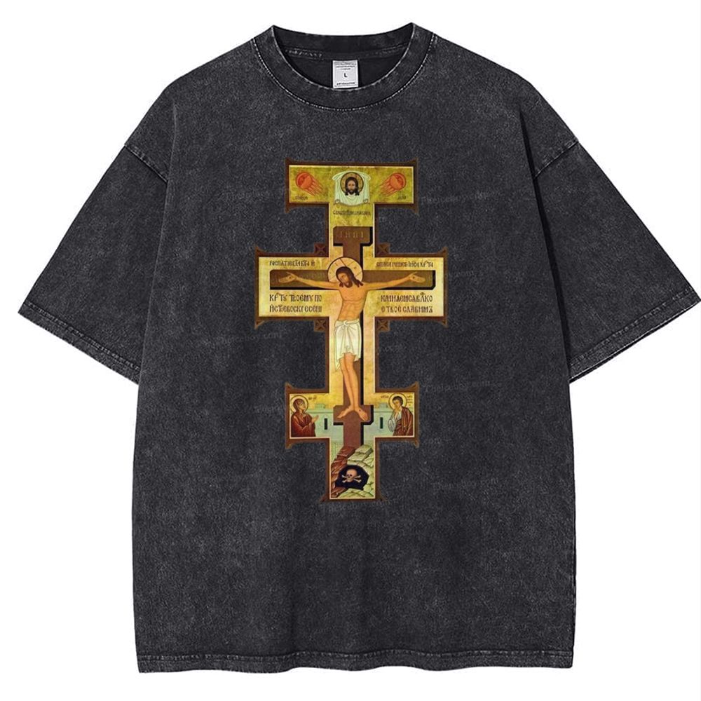 Orthodox Jesus Cross Icon Snowflake Vintage Cotton T-Shirt