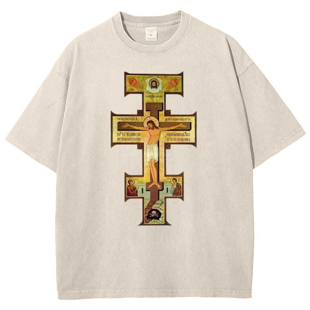 Orthodox Jesus Cross Icon Snowflake Vintage Cotton T-Shirt