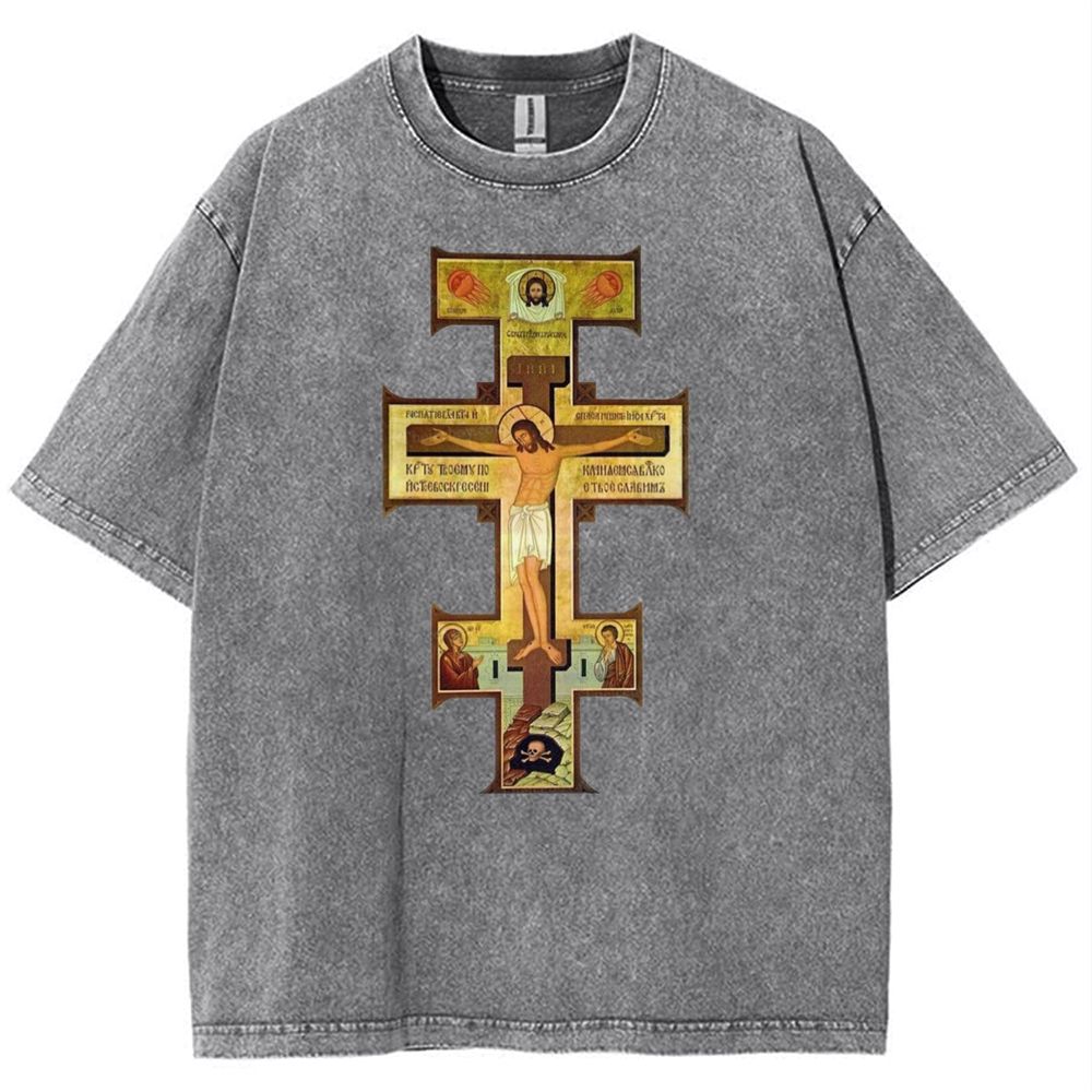 Orthodox Jesus Cross Icon Snowflake Vintage Cotton T-Shirt