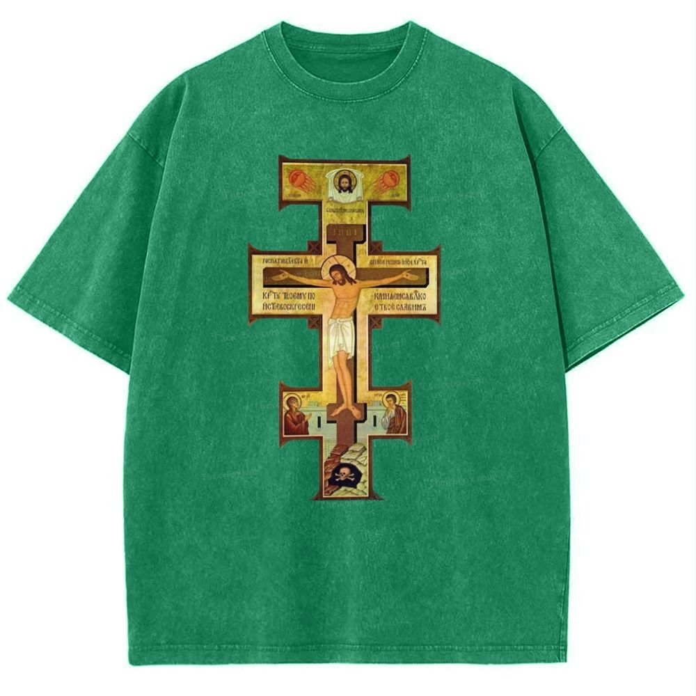 Orthodox Jesus Cross Icon Snowflake Vintage Cotton T-Shirt