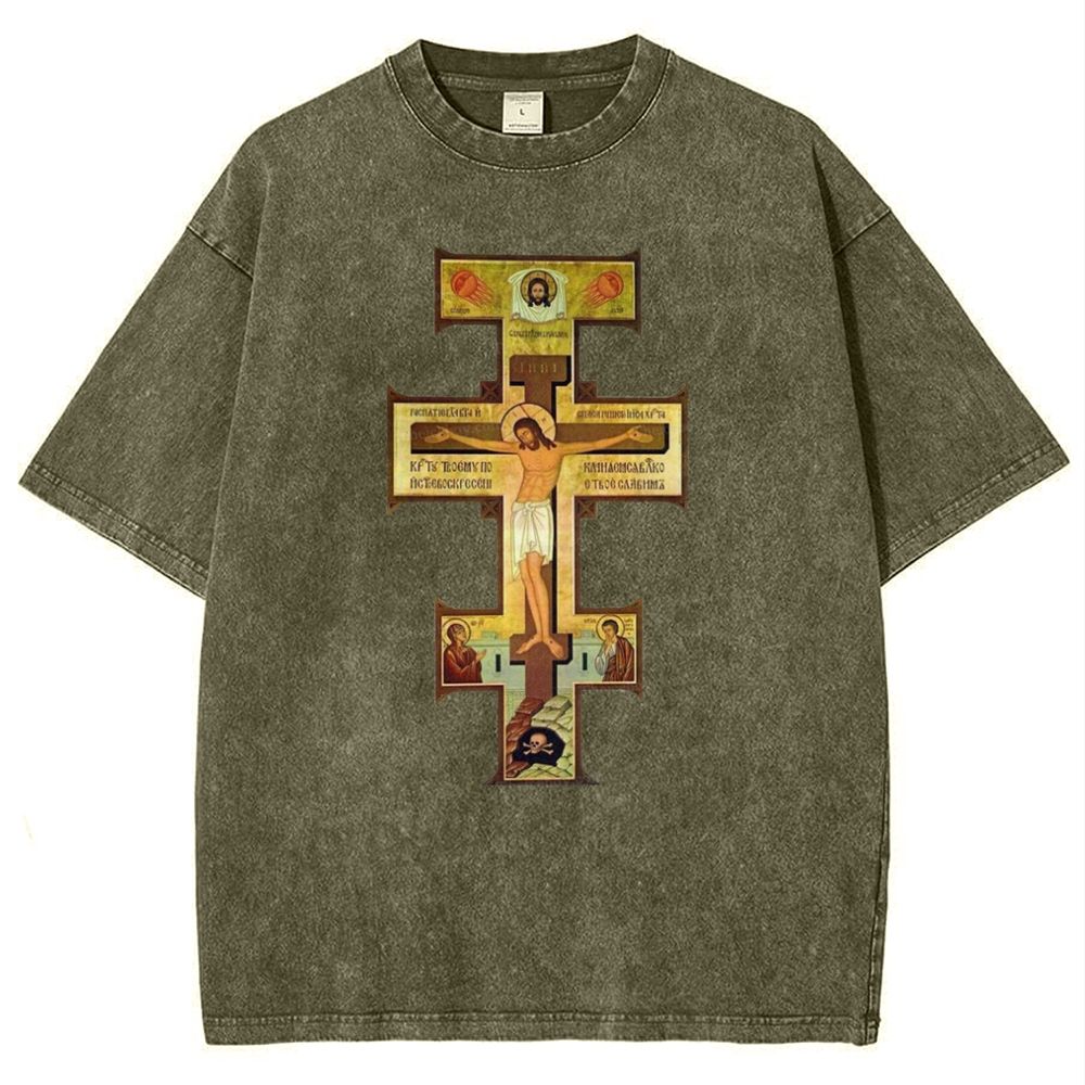 Orthodox Jesus Cross Icon Snowflake Vintage Cotton T-Shirt