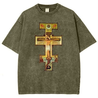 Orthodox Jesus Cross Icon Snowflake Vintage Cotton T-Shirt