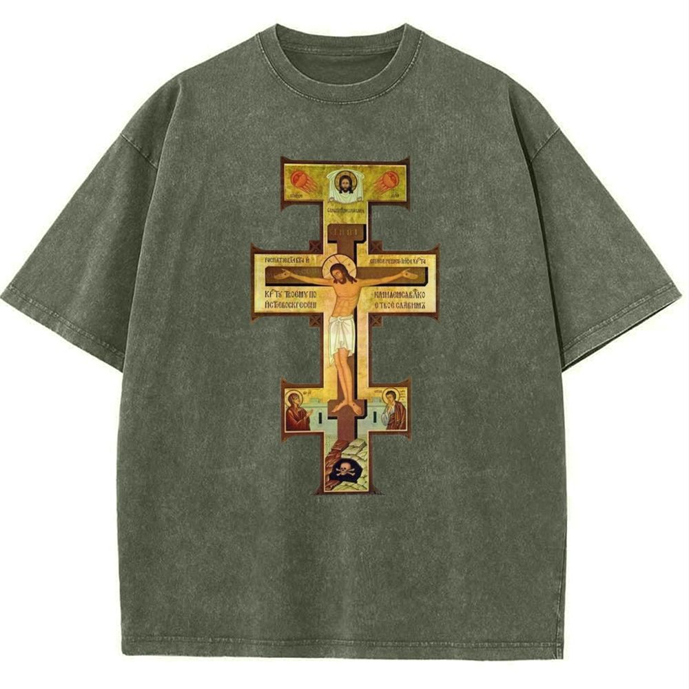 Orthodox Jesus Cross Icon Snowflake Vintage Cotton T-Shirt
