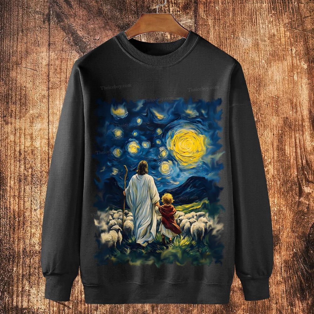 The Good Shepherd Under the Night Sky Cotton Crewneck Sweatshirt