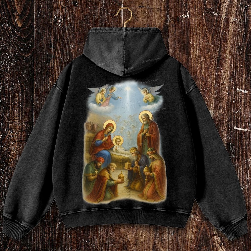Nativity Adoration Christian Washed Hoodie