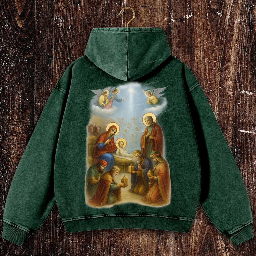 Nativity Adoration Christian Washed Hoodie