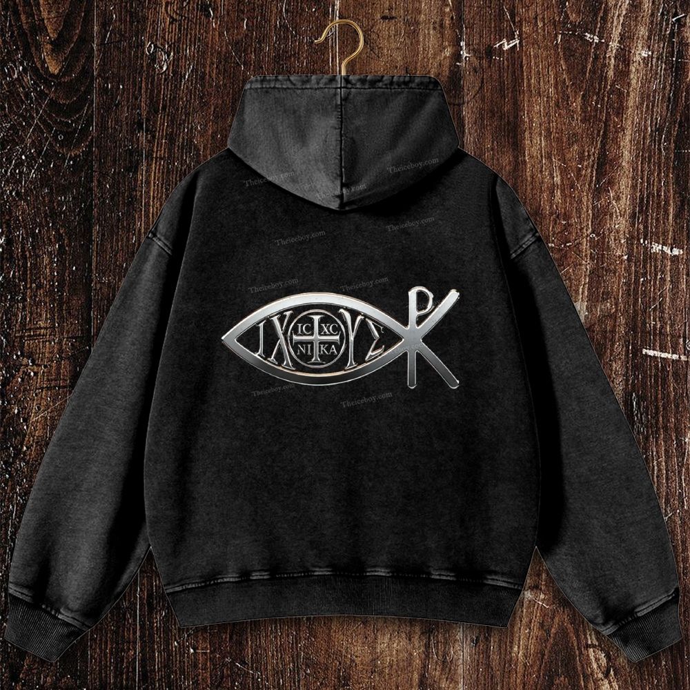 Ichthys & Chi Rho Shirt Christian Washed Hoodie