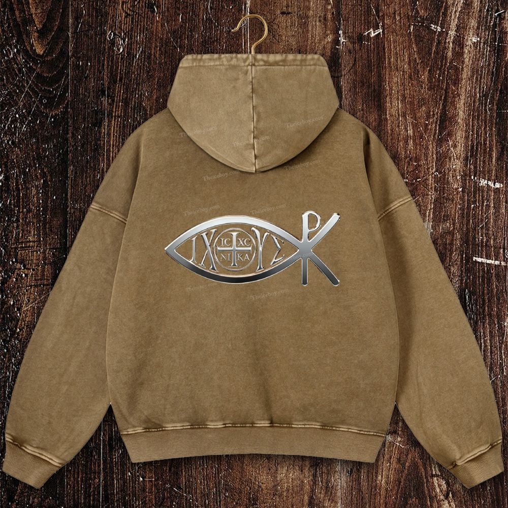 Ichthys & Chi Rho Shirt Christian Washed Hoodie