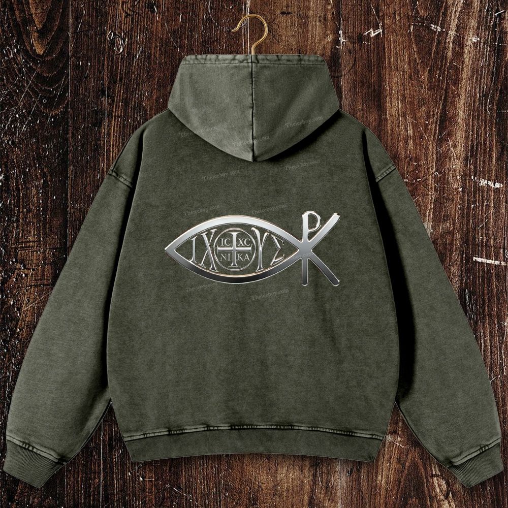 Ichthys & Chi Rho Shirt Christian Washed Hoodie