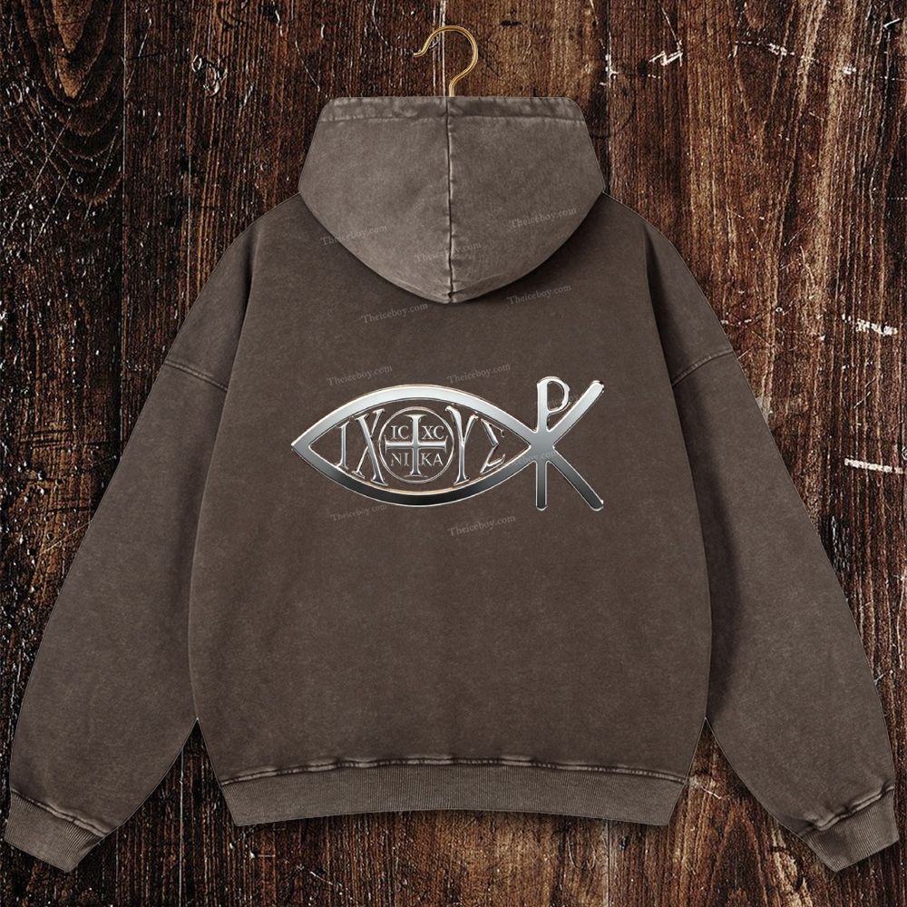 Ichthys & Chi Rho Shirt Christian Washed Hoodie