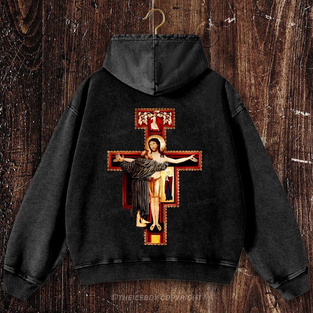 San Damiano Cross Christian Washed Hoodie