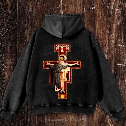 San Damiano Cross Christian Washed Hoodie