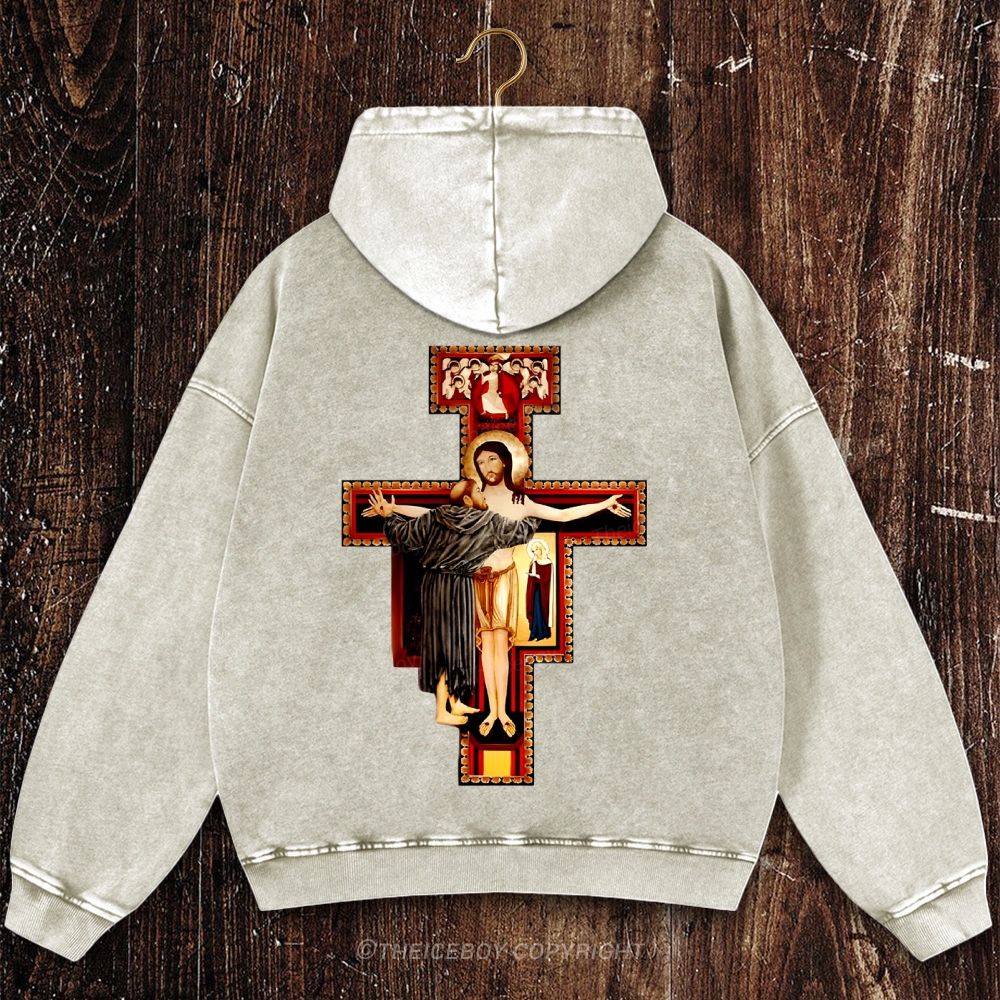 San Damiano Cross Christian Washed Hoodie