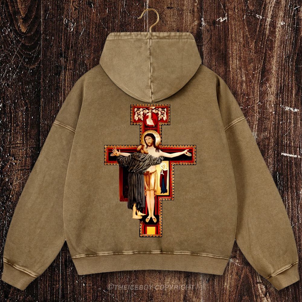 San Damiano Cross Christian Washed Hoodie