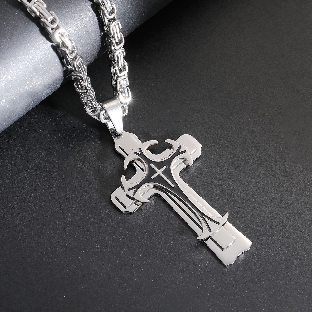 Titanium steel pattern three-layer cross pendant necklace