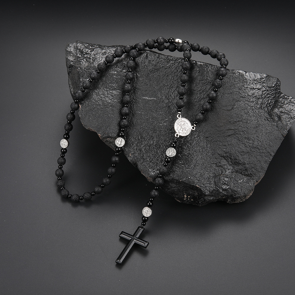 Black volcanic rock hematite cross rosary necklace