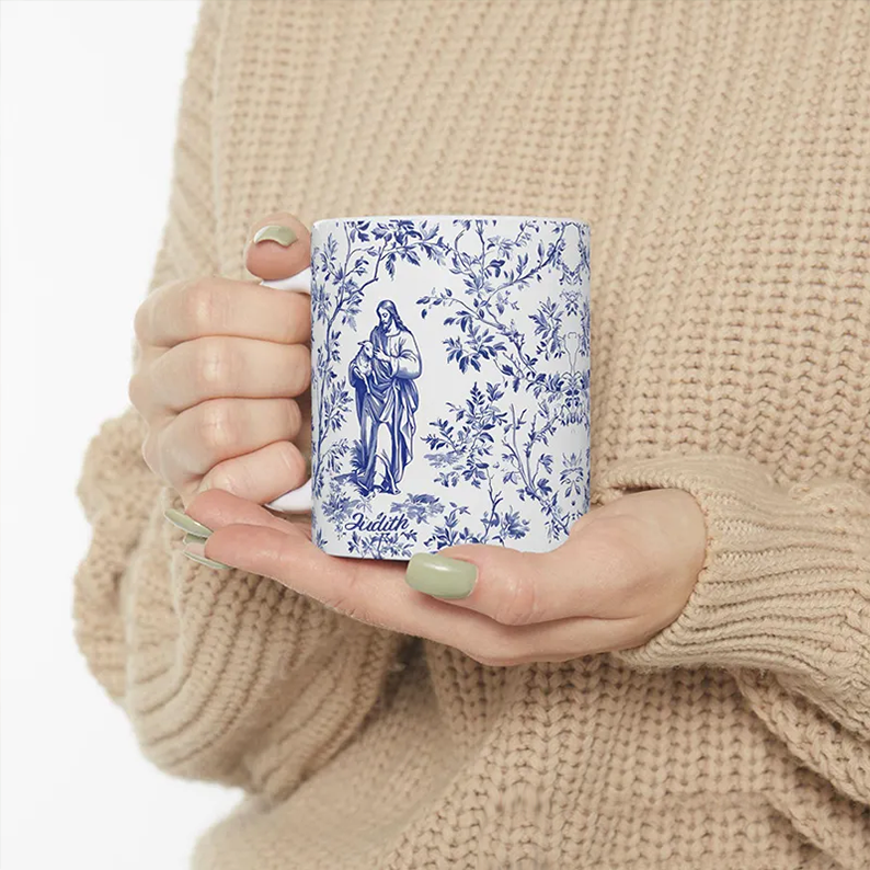 Personalized Catholic Virgin Mary Vintage Floral Butterfly Ceramic Mug with Name Our Lady Coffee Cup Catholic Marian Mug
