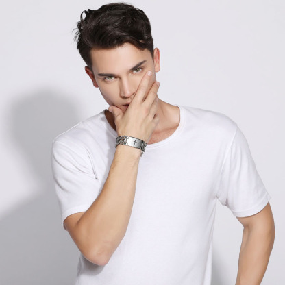 Punk Men's Cross Double Row Silver Denim Chain Bracelet